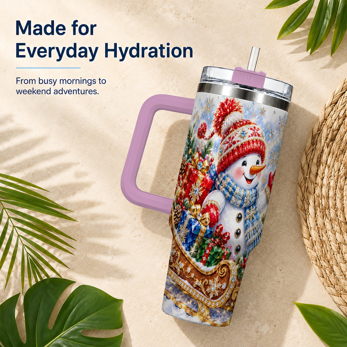 #pl[40oz|Pink] Snowman Sleigh 40oz Tumbler with Handle, Winter Stainless Steel Travel Cup