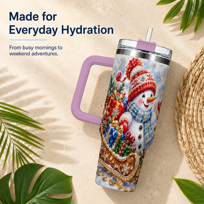 #pl[40oz|Pink] Snowman Sleigh 40oz Tumbler with Handle, Winter Stainless Steel Travel Cup