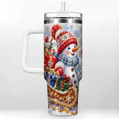 Snowman Sleigh 40oz Tumbler with Handle, Winter Stainless Steel Travel Cup