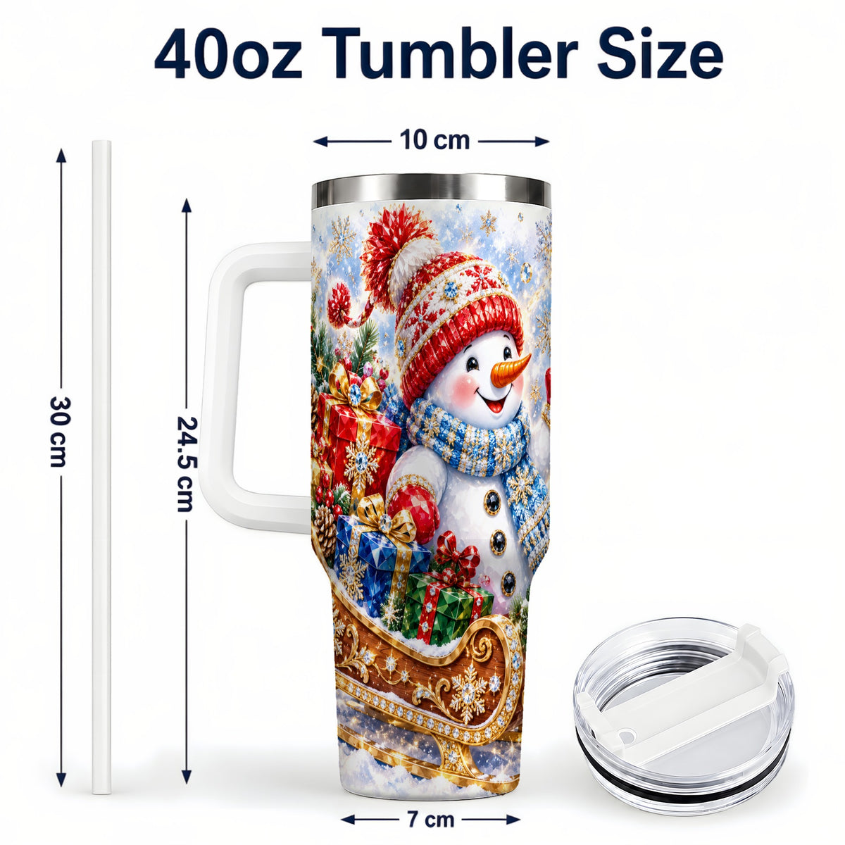 #pl[40oz|White] Snowman Sleigh 40oz Tumbler with Handle, Winter Stainless Steel Travel Cup