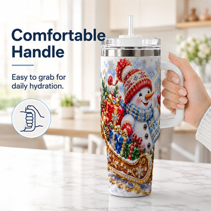 #pl[40oz|White] Snowman Sleigh 40oz Tumbler with Handle, Winter Stainless Steel Travel Cup