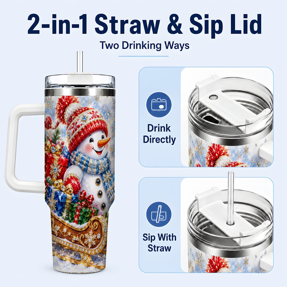 #pl[40oz|White] Snowman Sleigh 40oz Tumbler with Handle, Winter Stainless Steel Travel Cup