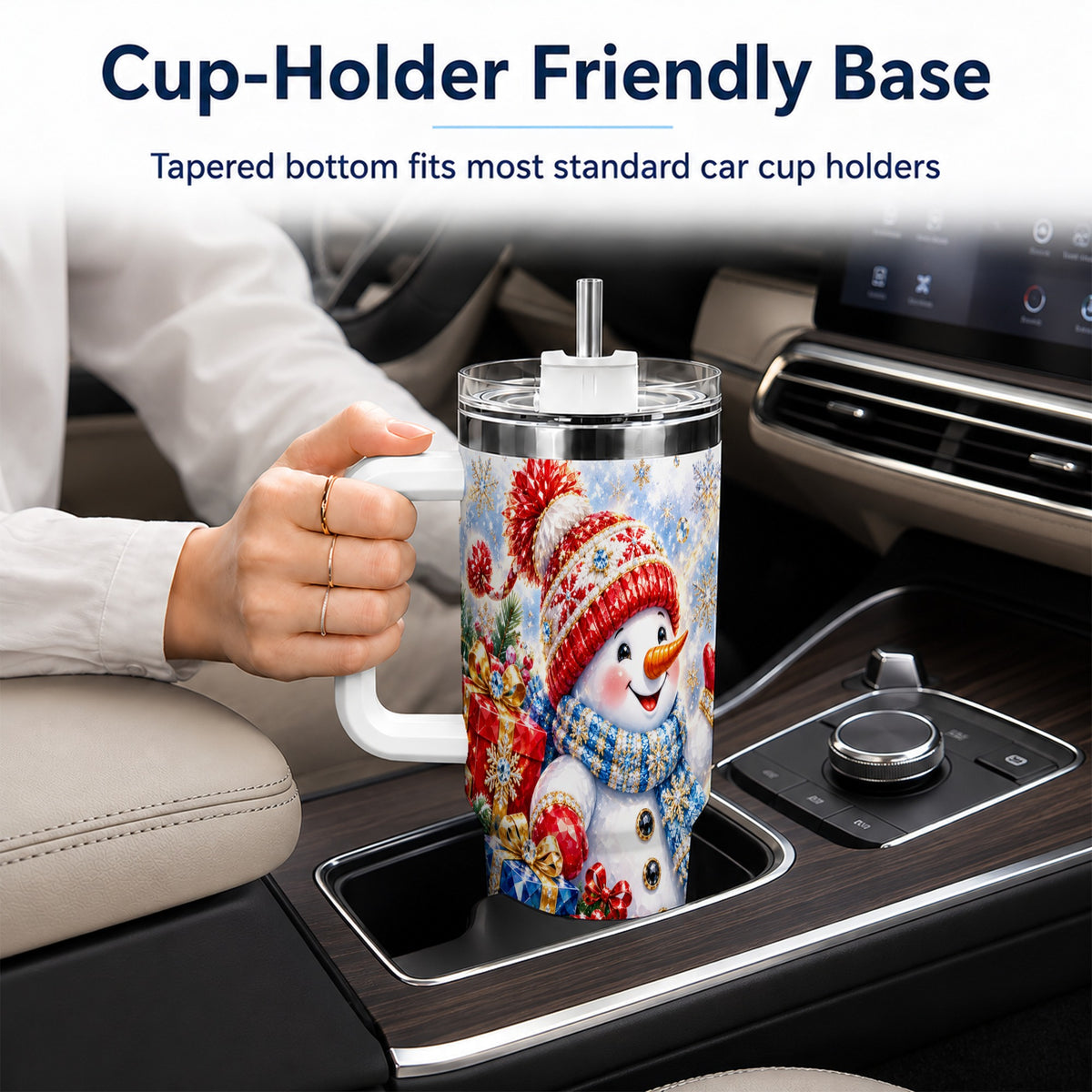 #pl[40oz|White] Snowman Sleigh 40oz Tumbler with Handle, Winter Stainless Steel Travel Cup