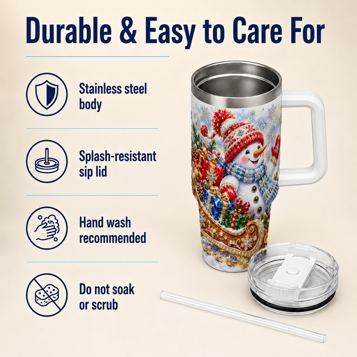 #pl[40oz|White] Snowman Sleigh 40oz Tumbler with Handle, Winter Stainless Steel Travel Cup
