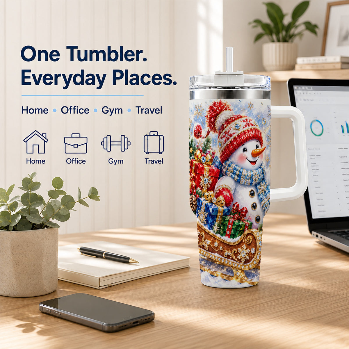 #pl[40oz|White] Snowman Sleigh 40oz Tumbler with Handle, Winter Stainless Steel Travel Cup