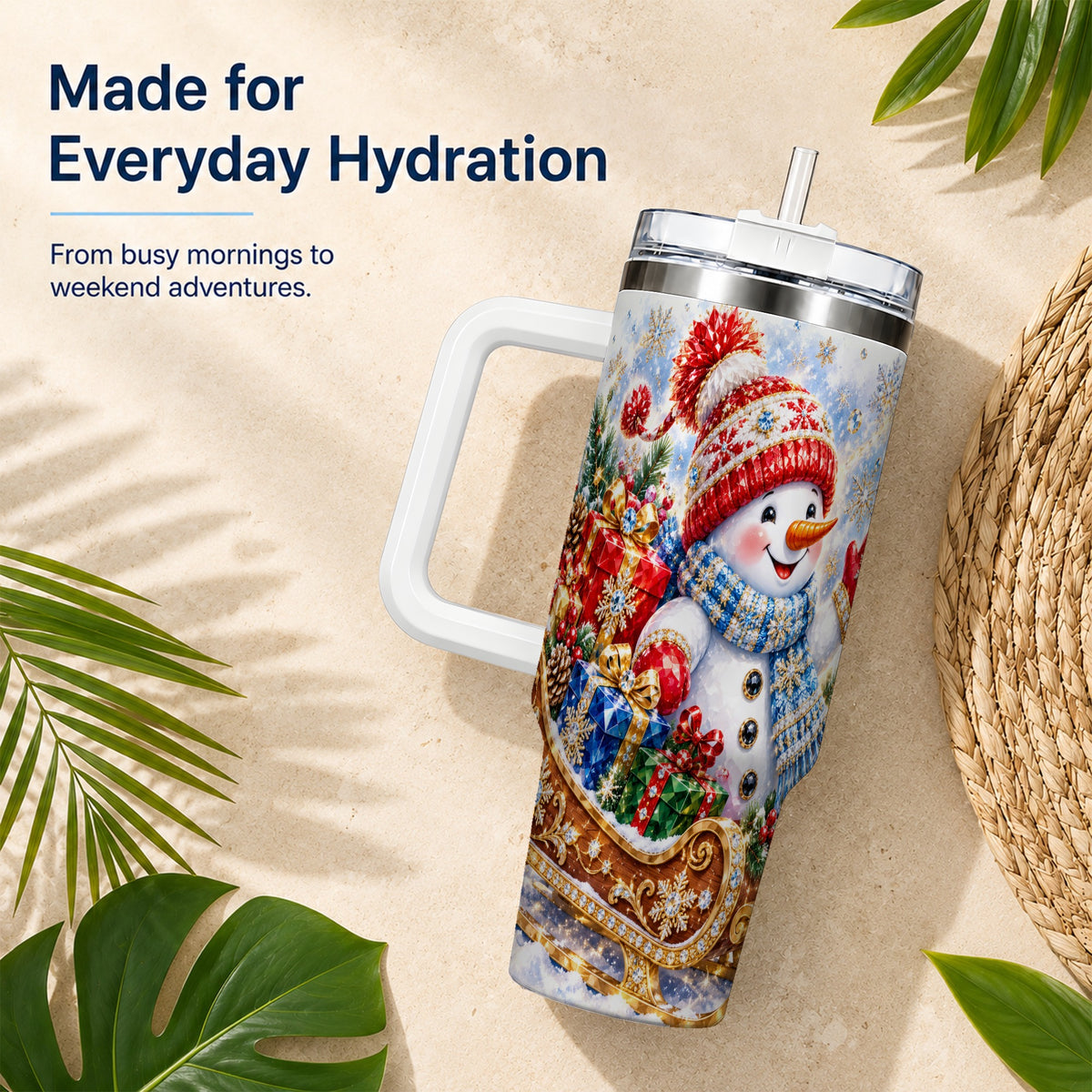 #pl[40oz|White] Snowman Sleigh 40oz Tumbler with Handle, Winter Stainless Steel Travel Cup