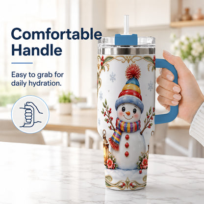 #pl[40oz|Blue] Lantern Snowman 40oz Tumbler with Handle, Winter Stainless Steel Travel Cup