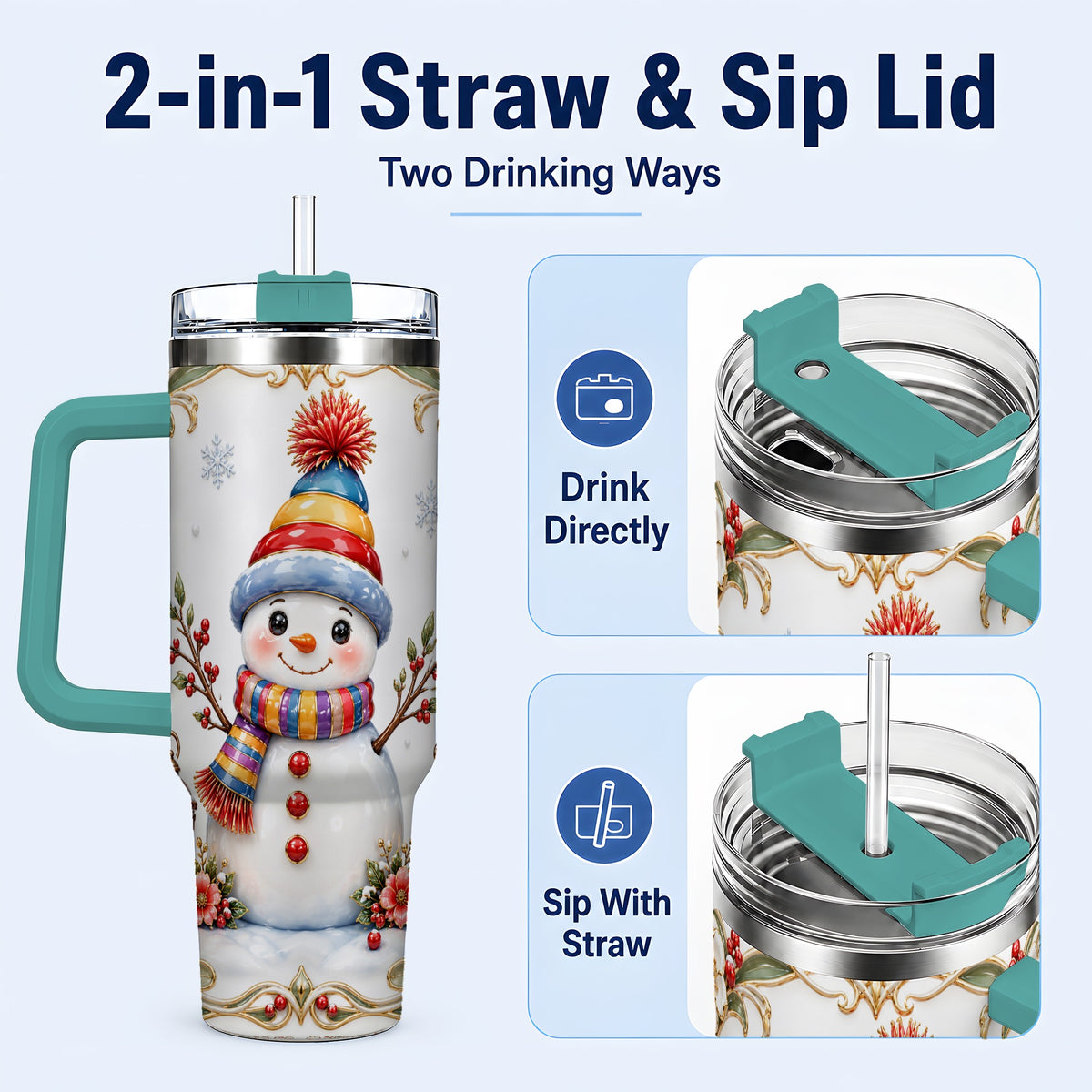 #pl[40oz|Green] Lantern Snowman 40oz Tumbler with Handle, Winter Stainless Steel Travel Cup