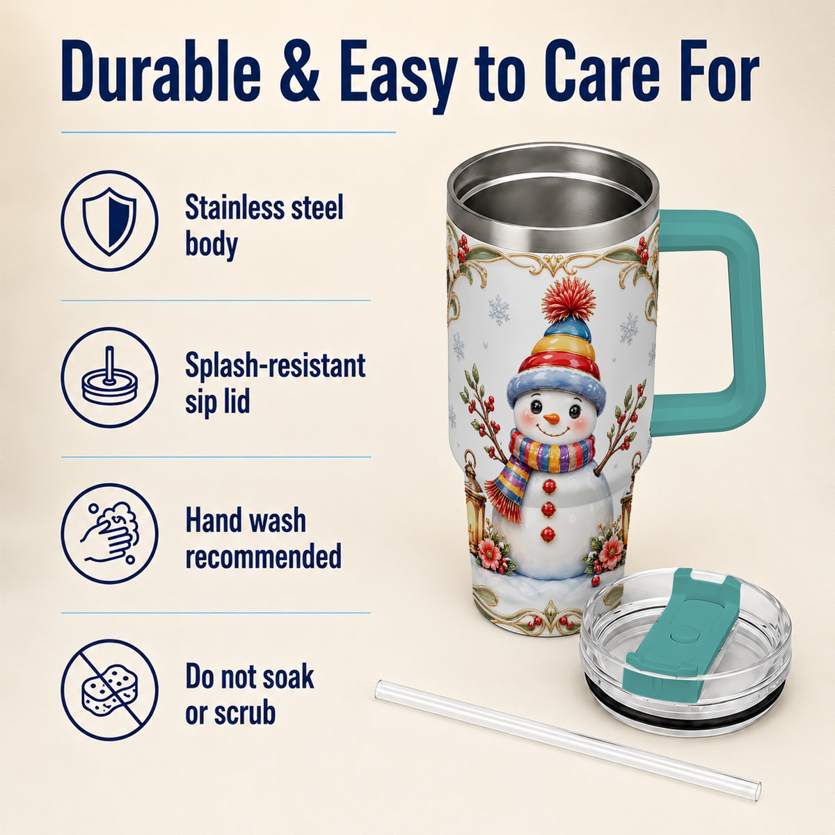 #pl[40oz|Green] Lantern Snowman 40oz Tumbler with Handle, Winter Stainless Steel Travel Cup