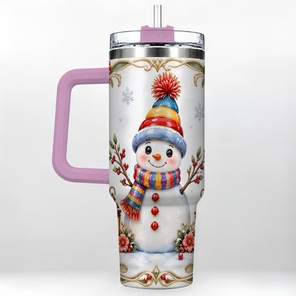 #pl[40oz|Pink] Lantern Snowman 40oz Tumbler with Handle, Winter Stainless Steel Travel Cup