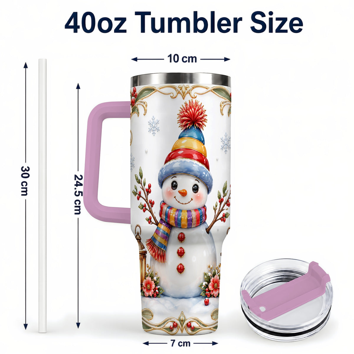 #pl[40oz|Pink] Lantern Snowman 40oz Tumbler with Handle, Winter Stainless Steel Travel Cup