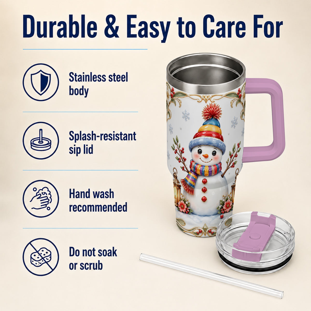 #pl[40oz|Pink] Lantern Snowman 40oz Tumbler with Handle, Winter Stainless Steel Travel Cup