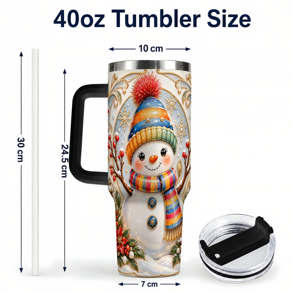 #pl[40oz|Black] Poinsettia Snowman 40oz Tumbler with Handle, Winter Steel Travel Cup