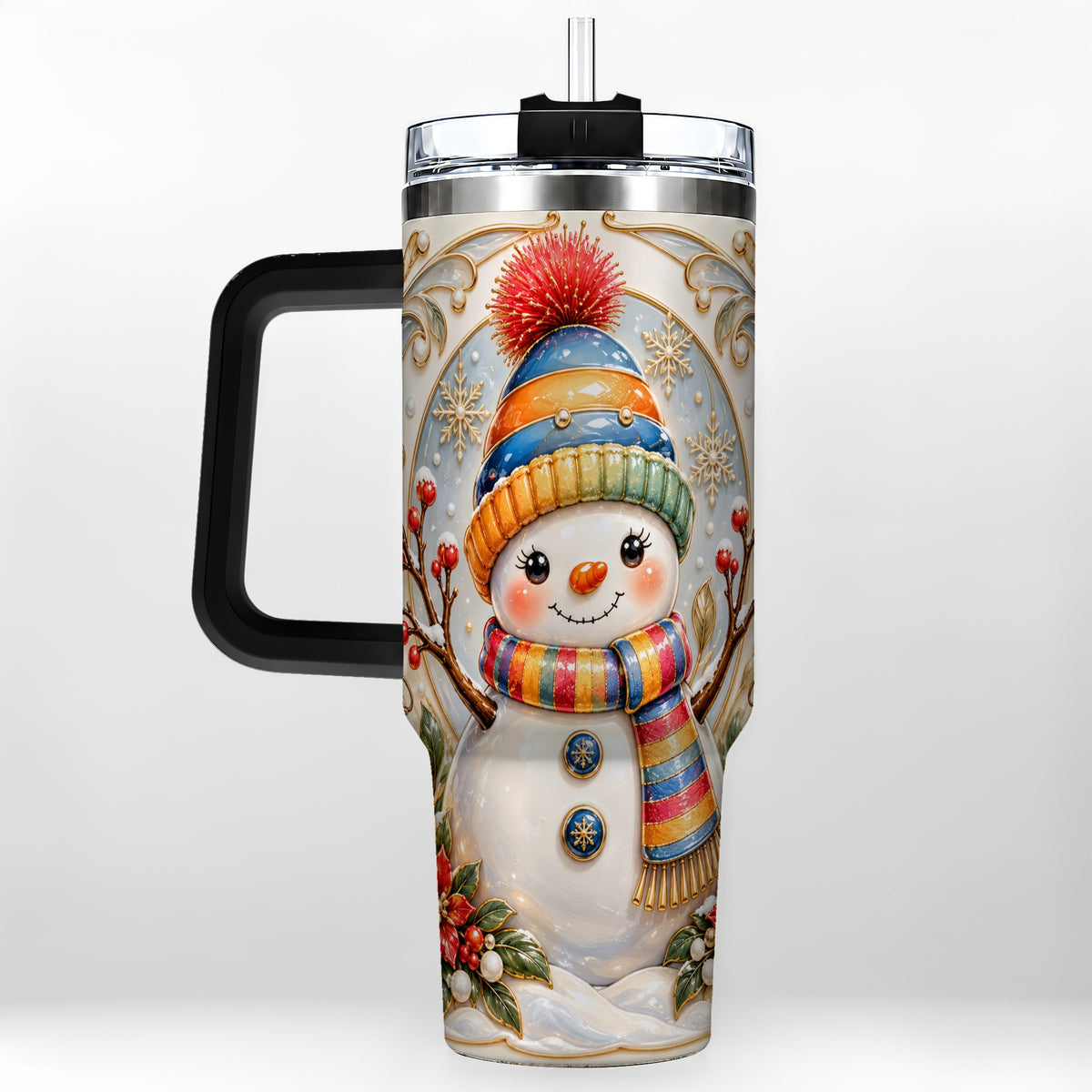 #pl[40oz|Black] Poinsettia Snowman 40oz Tumbler with Handle, Winter Steel Travel Cup