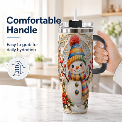#pl[40oz|Black] Poinsettia Snowman 40oz Tumbler with Handle, Winter Steel Travel Cup