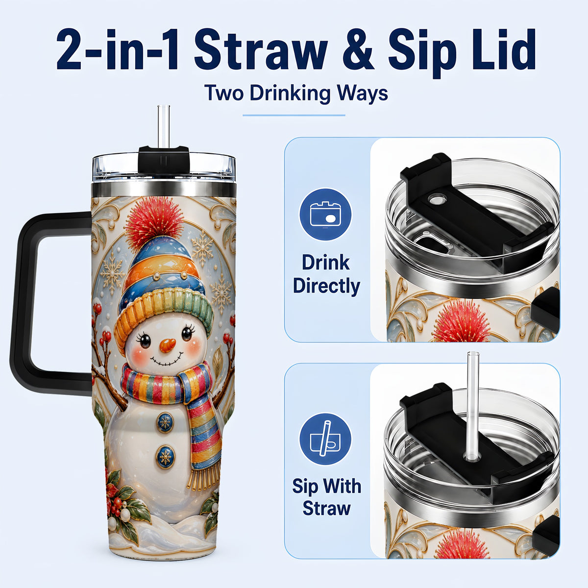 #pl[40oz|Black] Poinsettia Snowman 40oz Tumbler with Handle, Winter Steel Travel Cup