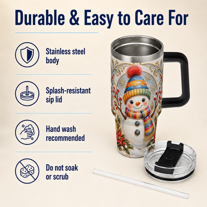 #pl[40oz|Black] Poinsettia Snowman 40oz Tumbler with Handle, Winter Steel Travel Cup