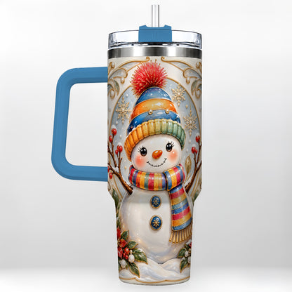 #pl[40oz|Blue] Poinsettia Snowman 40oz Tumbler with Handle, Winter Steel Travel Cup