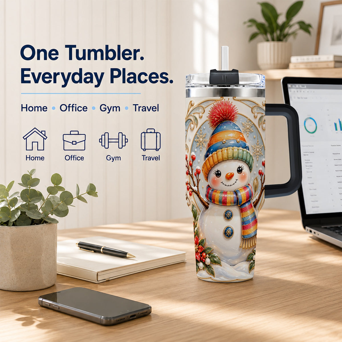 #pl[40oz|Black] Poinsettia Snowman 40oz Tumbler with Handle, Winter Steel Travel Cup