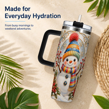 #pl[40oz|Black] Poinsettia Snowman 40oz Tumbler with Handle, Winter Steel Travel Cup