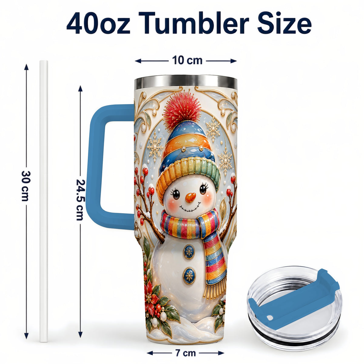 #pl[40oz|Blue] Poinsettia Snowman 40oz Tumbler with Handle, Winter Steel Travel Cup