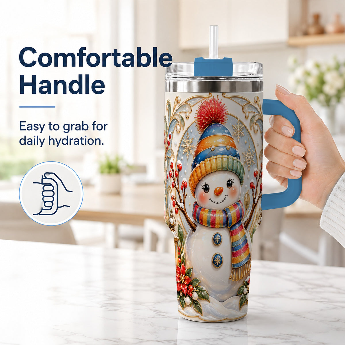 #pl[40oz|Blue] Poinsettia Snowman 40oz Tumbler with Handle, Winter Steel Travel Cup