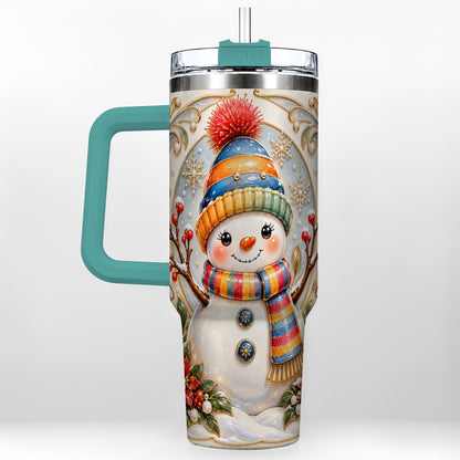 #pl[40oz|Green] Poinsettia Snowman 40oz Tumbler with Handle, Winter Steel Travel Cup