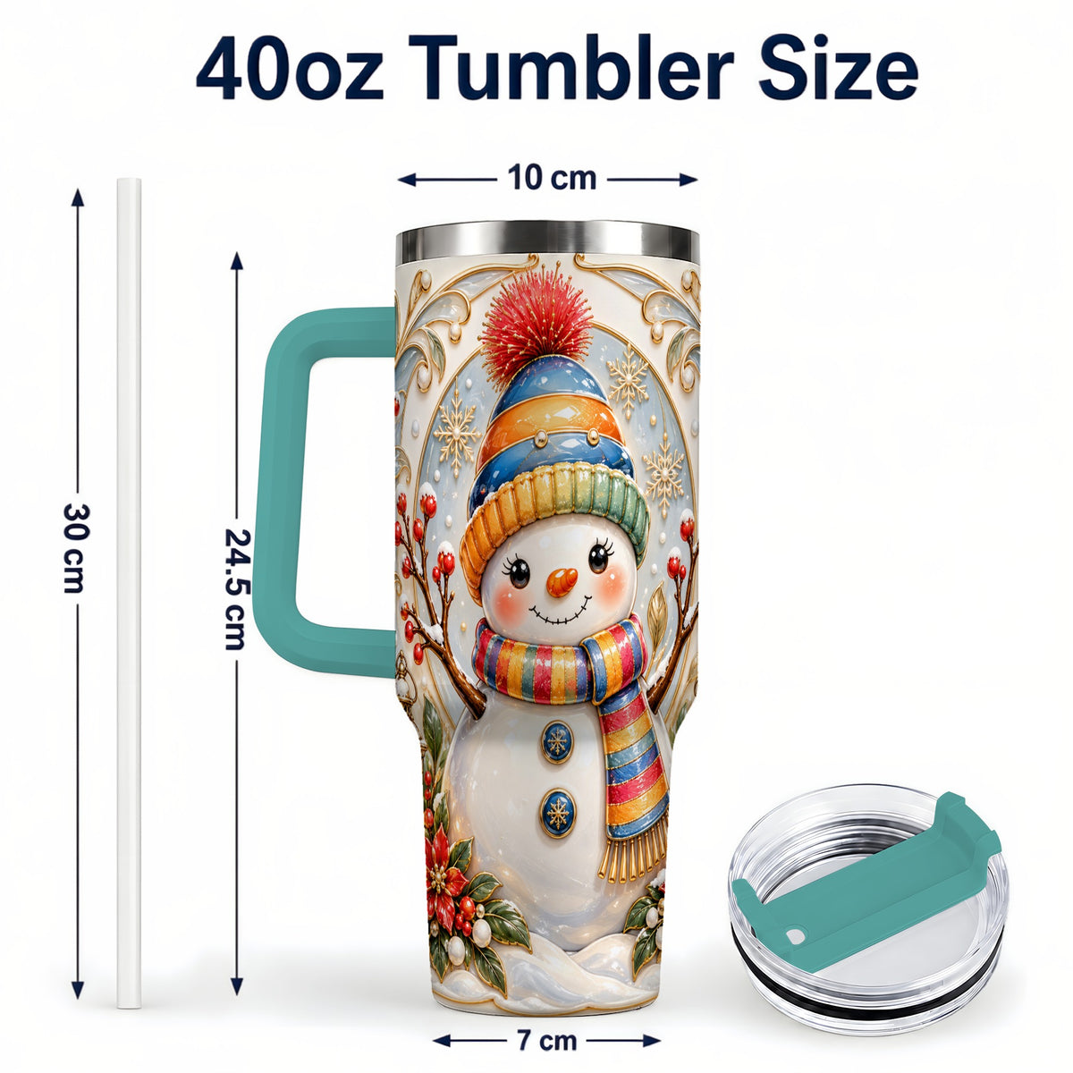 #pl[40oz|Green] Poinsettia Snowman 40oz Tumbler with Handle, Winter Steel Travel Cup