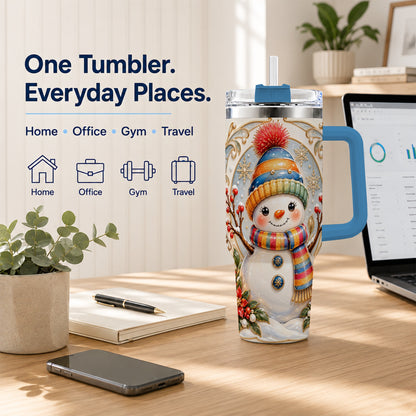 #pl[40oz|Blue] Poinsettia Snowman 40oz Tumbler with Handle, Winter Steel Travel Cup