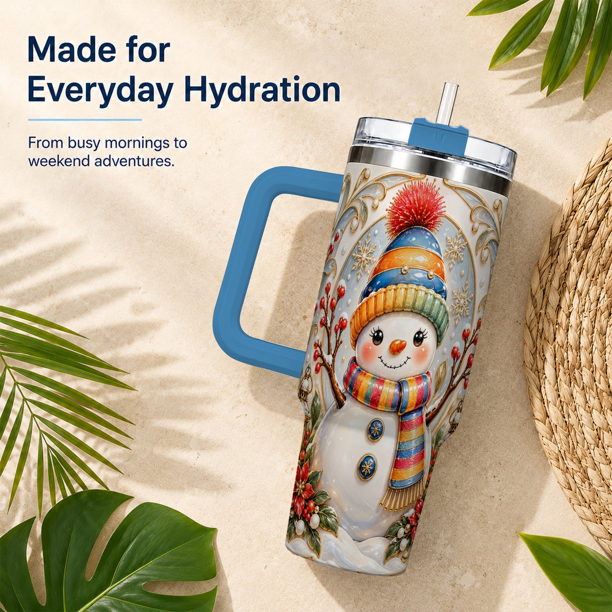 #pl[40oz|Blue] Poinsettia Snowman 40oz Tumbler with Handle, Winter Steel Travel Cup