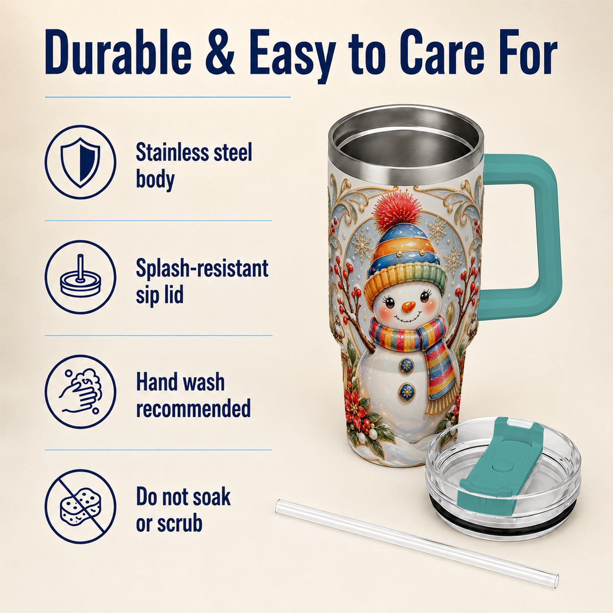 #pl[40oz|Green] Poinsettia Snowman 40oz Tumbler with Handle, Winter Steel Travel Cup