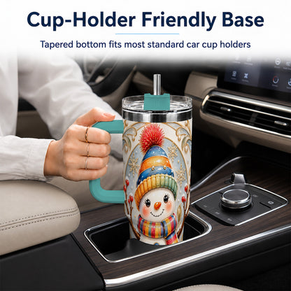 #pl[40oz|Green] Poinsettia Snowman 40oz Tumbler with Handle, Winter Steel Travel Cup