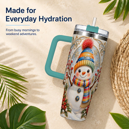 #pl[40oz|Green] Poinsettia Snowman 40oz Tumbler with Handle, Winter Steel Travel Cup