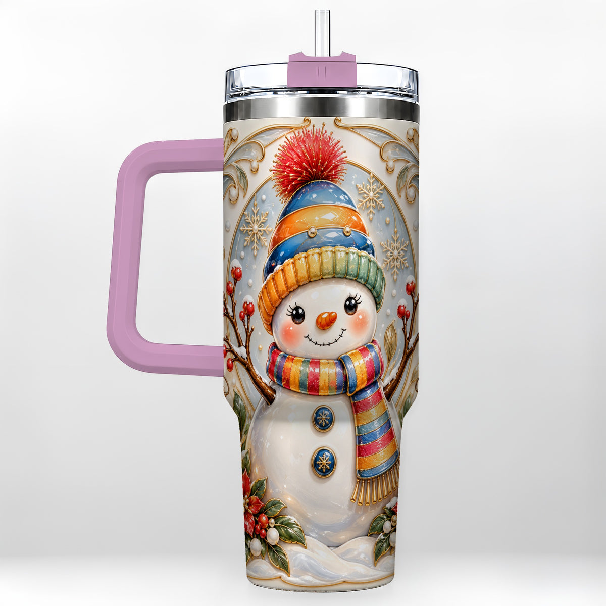 #pl[40oz|Pink] Poinsettia Snowman 40oz Tumbler with Handle, Winter Steel Travel Cup