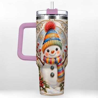#pl[40oz|Pink] Poinsettia Snowman 40oz Tumbler with Handle, Winter Steel Travel Cup