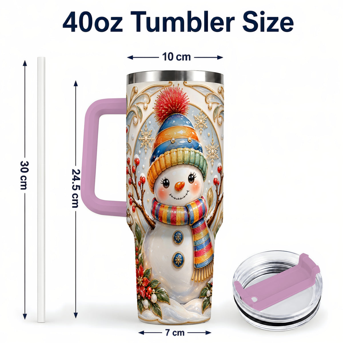 #pl[40oz|Pink] Poinsettia Snowman 40oz Tumbler with Handle, Winter Steel Travel Cup
