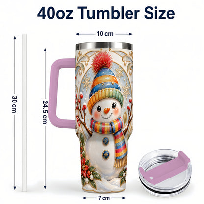 #pl[40oz|Pink] Poinsettia Snowman 40oz Tumbler with Handle, Winter Steel Travel Cup