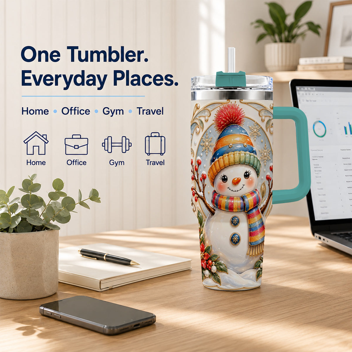 #pl[40oz|Green] Poinsettia Snowman 40oz Tumbler with Handle, Winter Steel Travel Cup