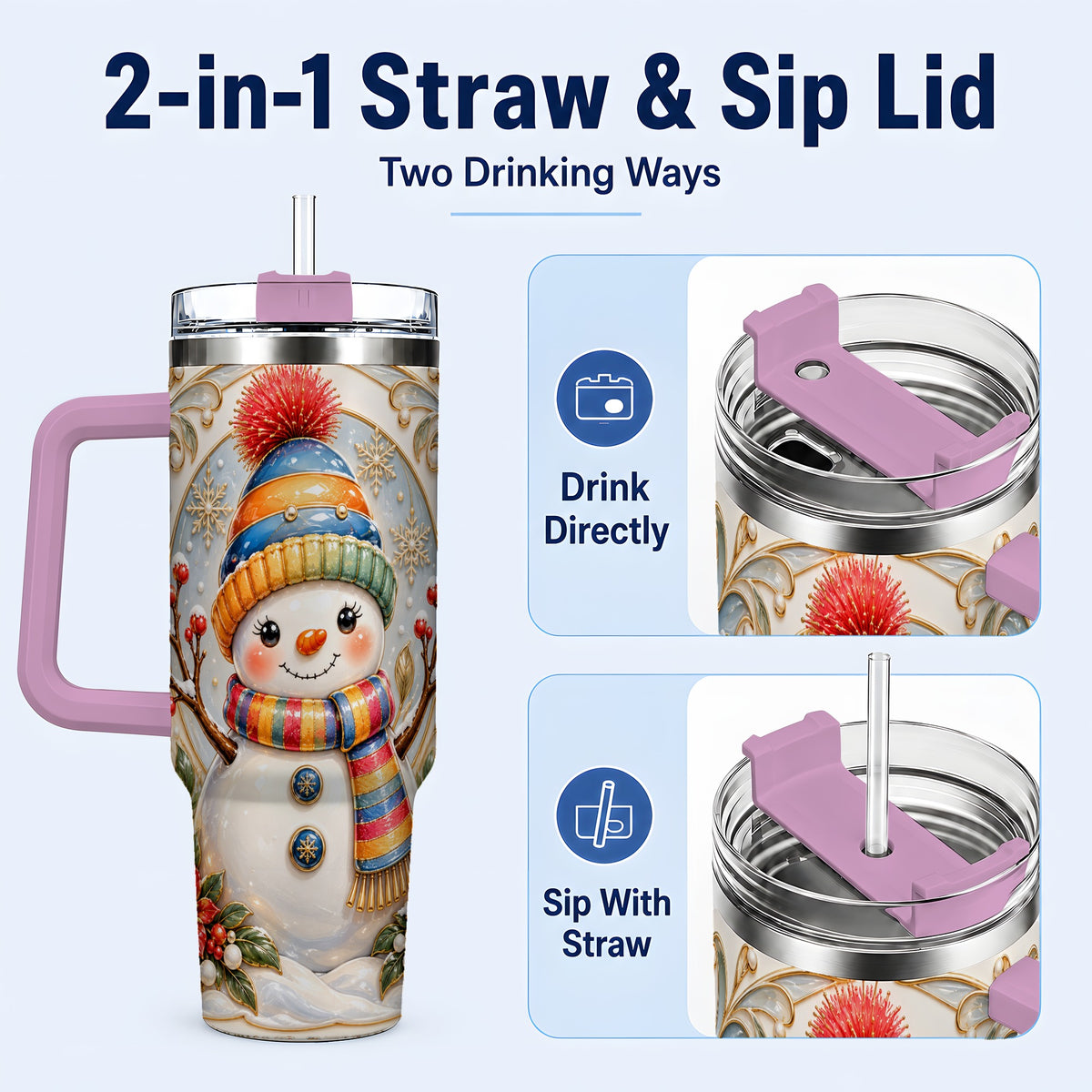 #pl[40oz|Pink] Poinsettia Snowman 40oz Tumbler with Handle, Winter Steel Travel Cup