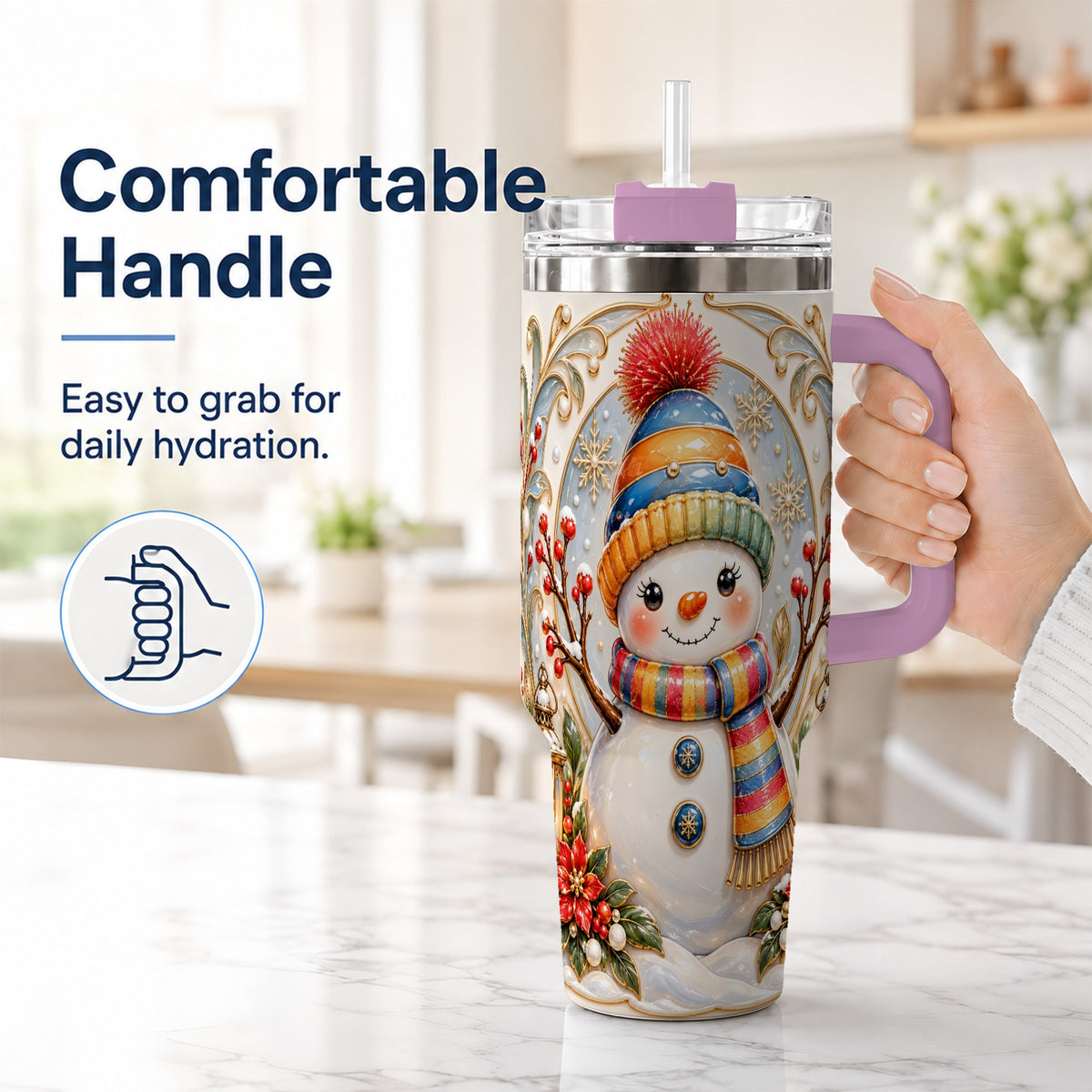 #pl[40oz|Pink] Poinsettia Snowman 40oz Tumbler with Handle, Winter Steel Travel Cup