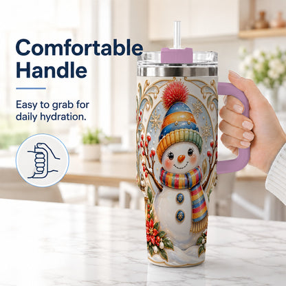 #pl[40oz|Pink] Poinsettia Snowman 40oz Tumbler with Handle, Winter Steel Travel Cup