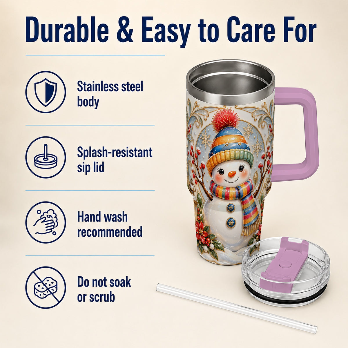 #pl[40oz|Pink] Poinsettia Snowman 40oz Tumbler with Handle, Winter Steel Travel Cup