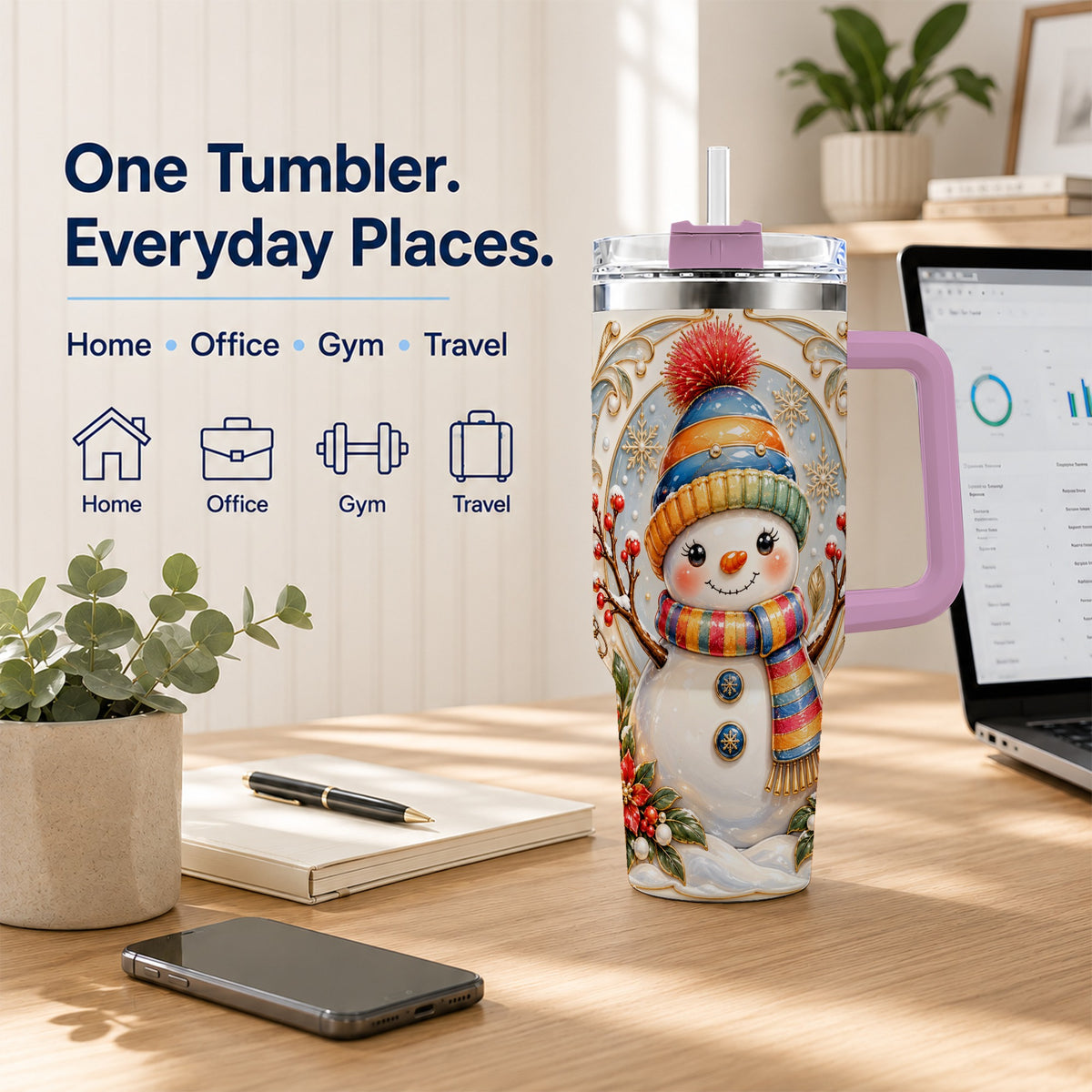 #pl[40oz|Pink] Poinsettia Snowman 40oz Tumbler with Handle, Winter Steel Travel Cup
