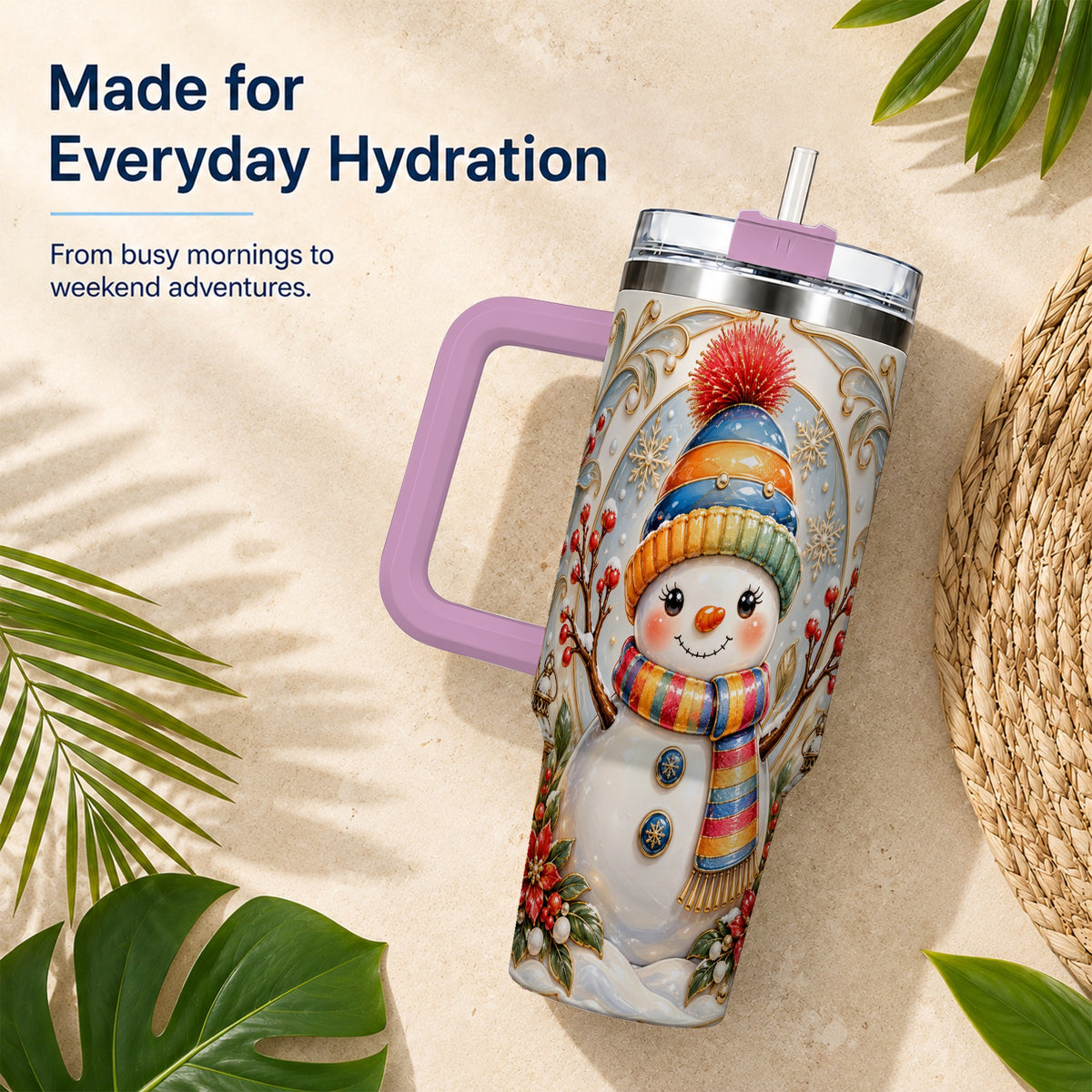 #pl[40oz|Pink] Poinsettia Snowman 40oz Tumbler with Handle, Winter Steel Travel Cup