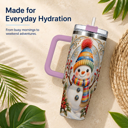 #pl[40oz|Pink] Poinsettia Snowman 40oz Tumbler with Handle, Winter Steel Travel Cup