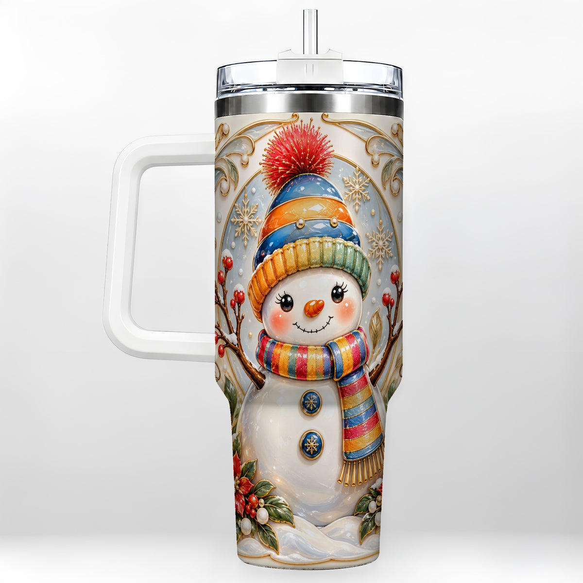 Poinsettia Snowman 40oz Tumbler with Handle, Winter Steel Travel Cup