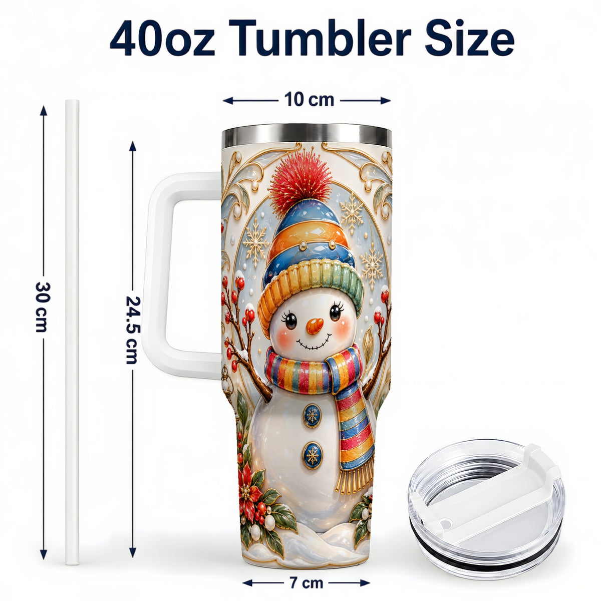 #pl[40oz|White] Poinsettia Snowman 40oz Tumbler with Handle, Winter Steel Travel Cup