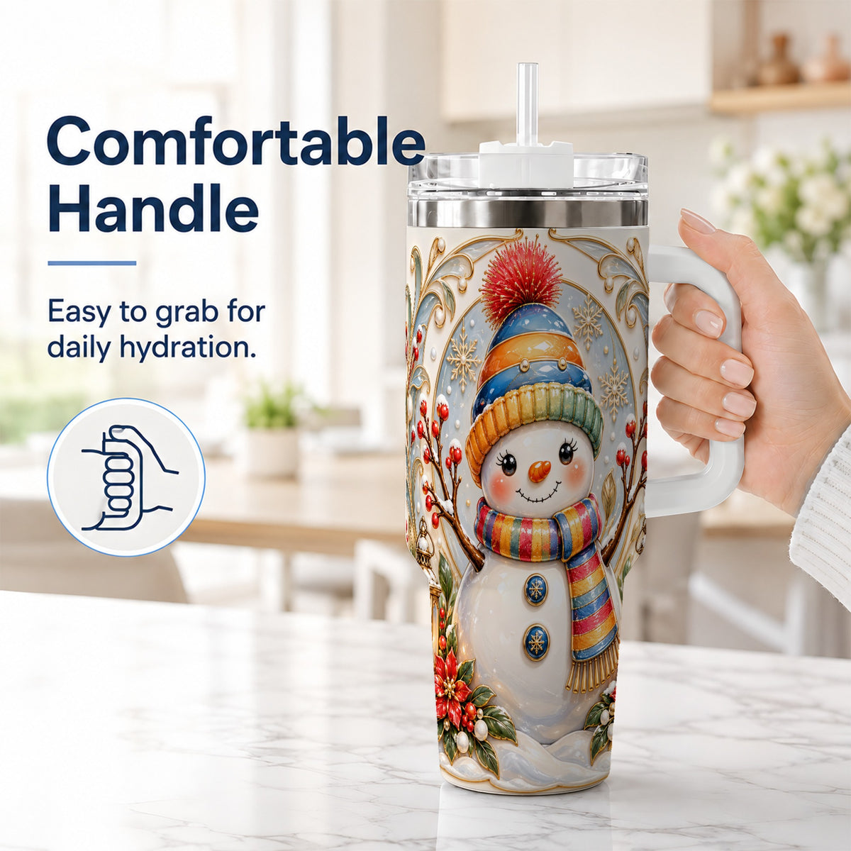 #pl[40oz|White] Poinsettia Snowman 40oz Tumbler with Handle, Winter Steel Travel Cup