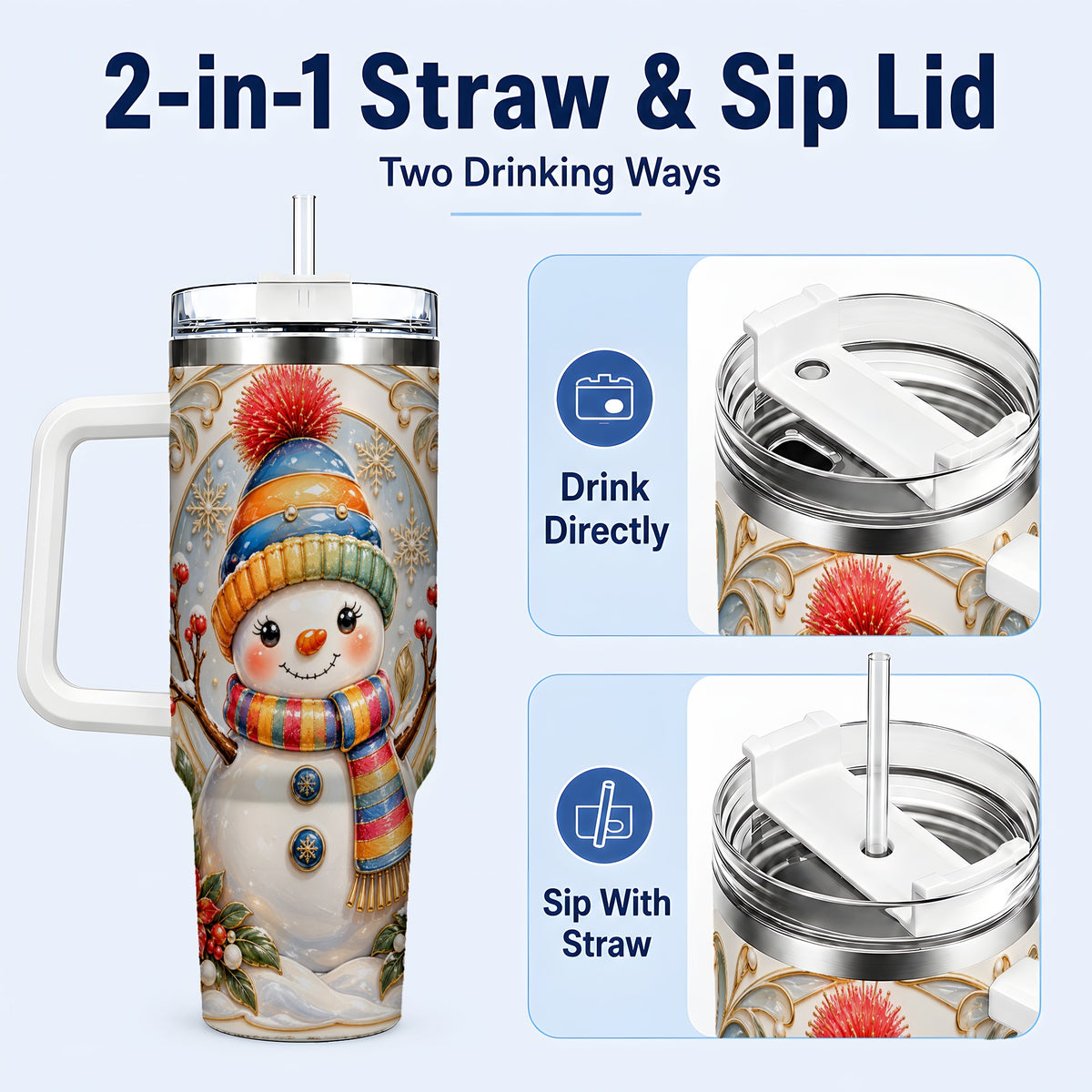 #pl[40oz|White] Poinsettia Snowman 40oz Tumbler with Handle, Winter Steel Travel Cup