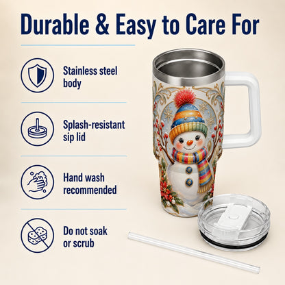 #pl[40oz|White] Poinsettia Snowman 40oz Tumbler with Handle, Winter Steel Travel Cup
